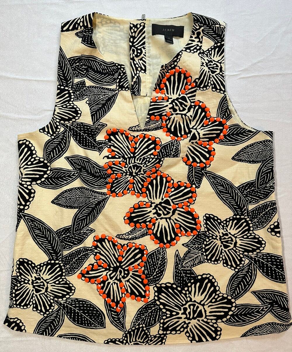 J.CREW Notched Shell Embellished Polynesian Floral Sleeveless Womens 2